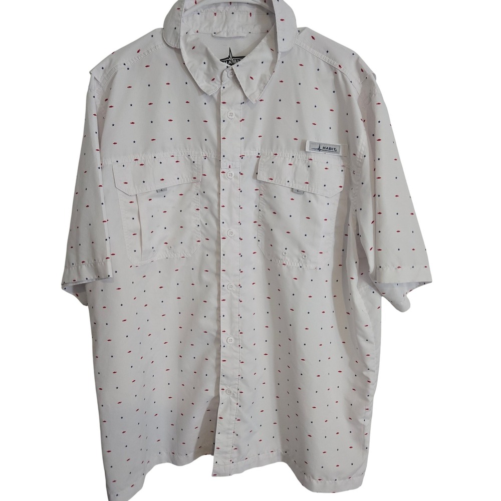 Habit Mens Fishing Shirt XL Red White Blue Fish Stars UPF 40+ Solar Factor